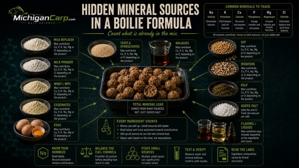 Carp bait salt product guide comparing food-grade salt, kelp and clearly labeled mineral ingredients with unsuitable industrial and unidentified products