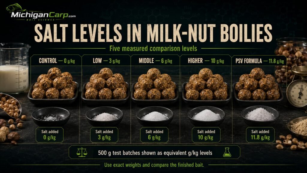 Controlled salt levels in milk-nut boilies comparing zero, three, six, ten and 11.8 grams per kilogram