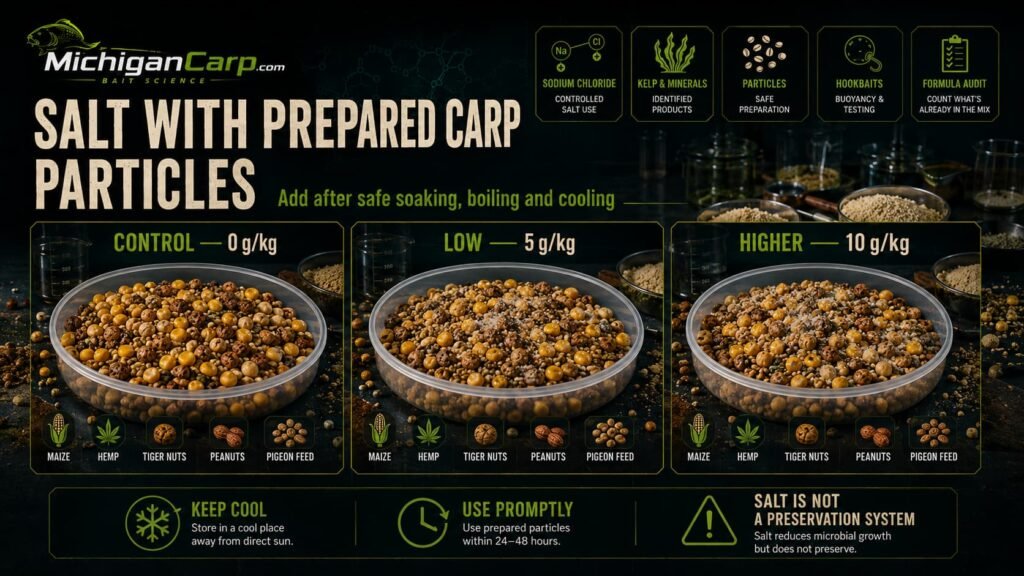 Prepared carp particles comparing zero, five and ten grams of salt per kilogram after safe soaking, boiling and cooling