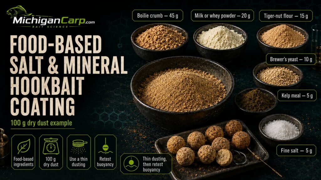 Food-based salt and mineral hookbait coating made with boilie crumb, milk powder, tiger-nut flour, brewer’s yeast, kelp meal and fine salt