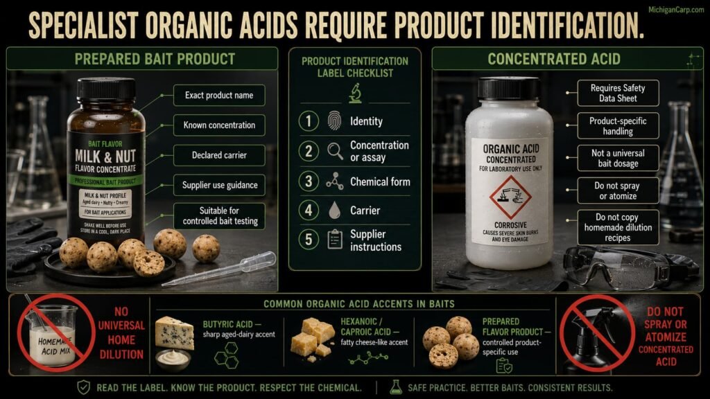Specialist organic acids in carp bait showing product identity, concentration, carrier, safety data and no homemade dilution