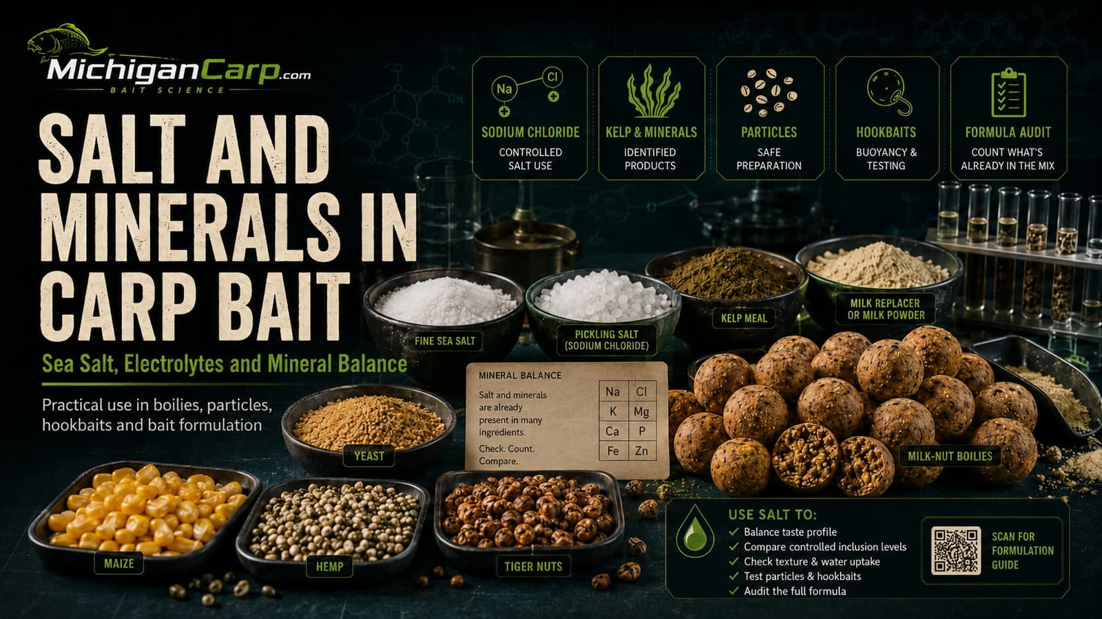 Salt and minerals in carp bait showing fine sea salt, pickling salt, kelp meal, milk powders, prepared particles and milk-nut boilies