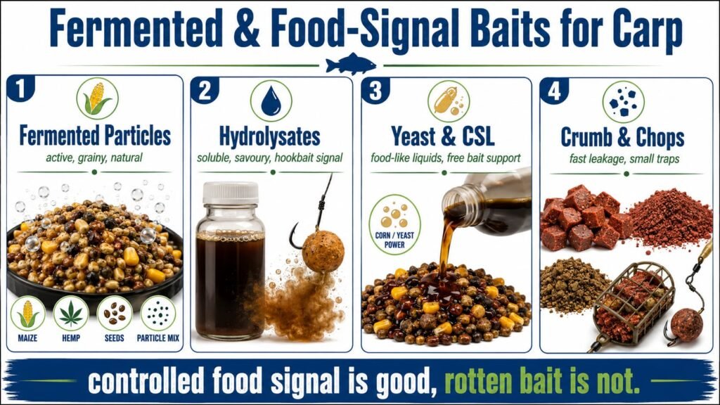 Infographic explaining fermented and food signal baits for carp fishing.
