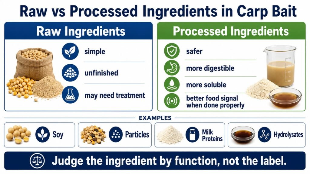 Infographic explaining raw vs processed ingredients in carp bait.