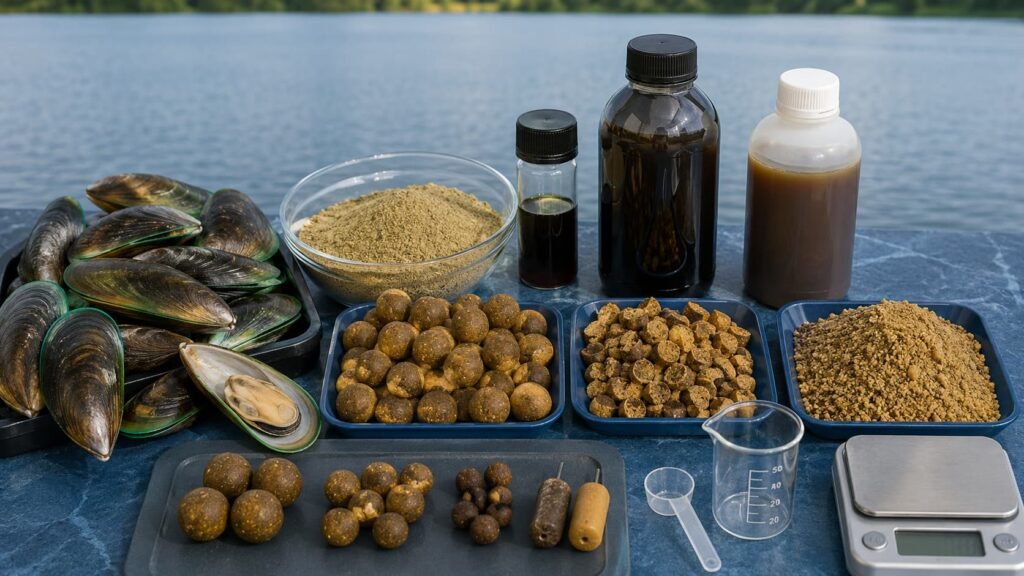 Educational infographic titled “Green Lipped Mussel in Carp Bait.” White background, Michigan blue and green accents, readable text, unbranded, 16:9 landscape. Show four panels: GLM Powder — broad food ingredient, boilies and paste; GLM Extract — concentrated, targeted, specialist use; GLM Hydrolysate — soluble protein fractions, crumb and hookbait signal; Main Rule — use GLM to strengthen a good bait, not become the whole bait. Add bottom rule: product type, quality and bait design matter more than the letters GLM