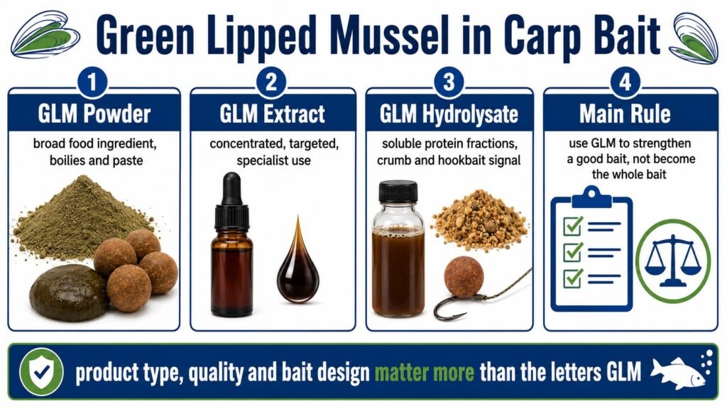Infographic explaining GLM powder, GLM extract and GLM hydrolysate in carp bait.