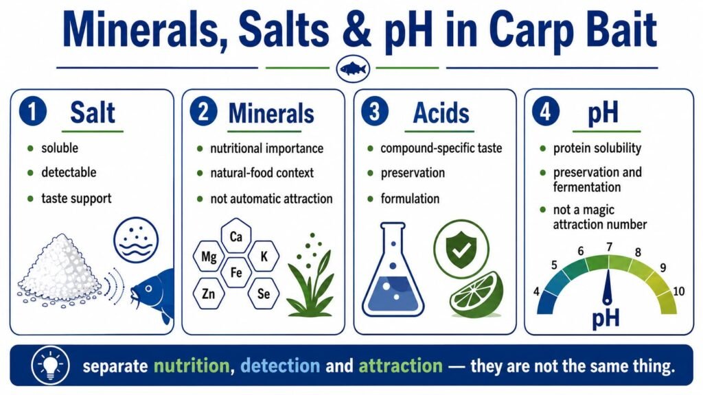 Infographic explaining salt, minerals, acids and pH in carp bait.