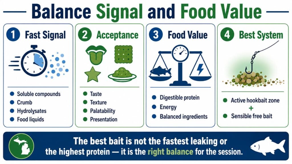 Infographic explaining fast signal, bait acceptance, food value and balanced carp bait strategy.