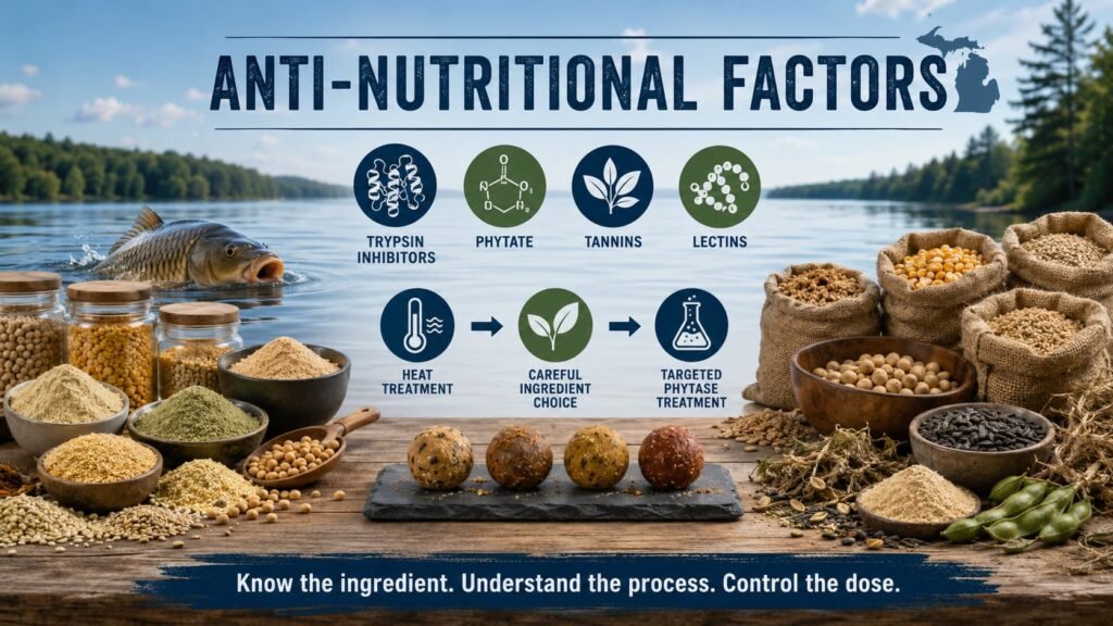 Anti-nutritional factors in carp bait showing soy, legumes, grains, seeds, processing and targeted phytase treatment.
