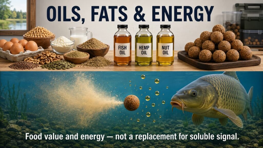 Oils, fats and energy in carp bait showing natural fats, bottled oils, boilies and the difference between oil droplets and soluble food signal.