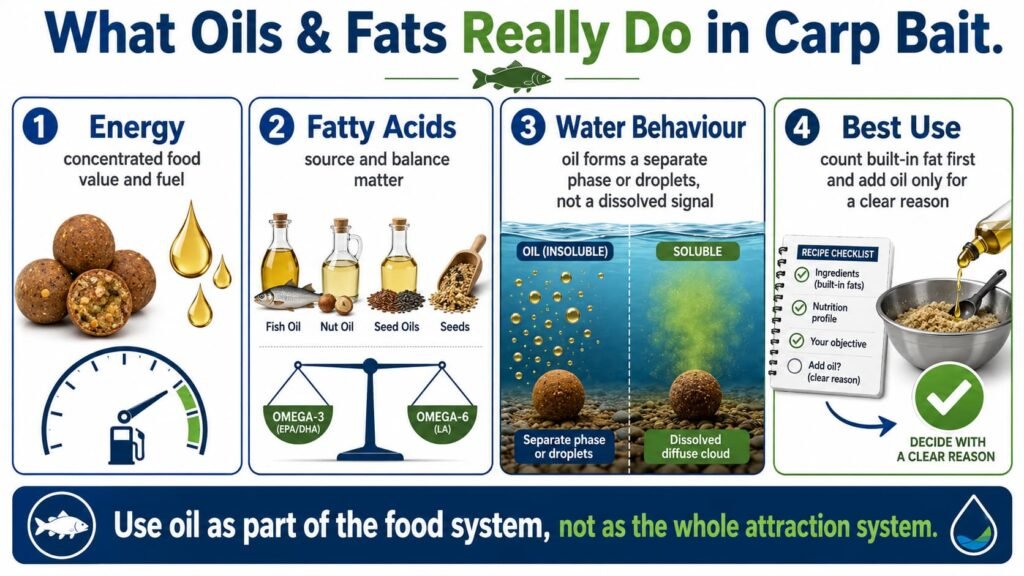 Infographic explaining energy, fatty acids, water behaviour and practical oil use in carp bait.