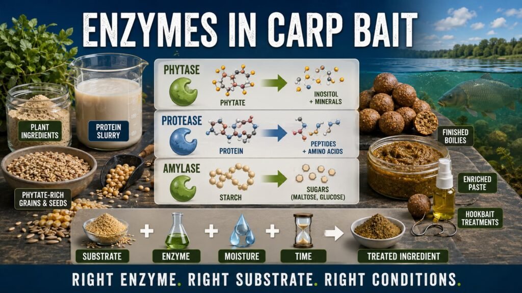 Enzymes in carp bait showing phytase acting on phytate, protease acting on protein and enzyme-treated ingredients used in boilies and hookbaits.