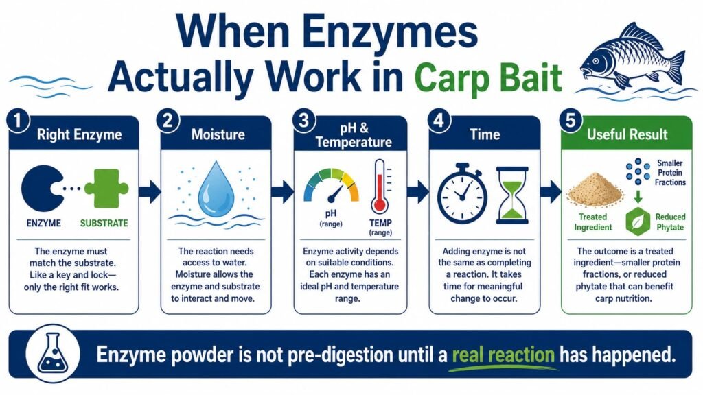 Infographic showing the six conditions needed for enzyme treatment in carp bait: enzyme, substrate, moisture, pH, temperature and time.