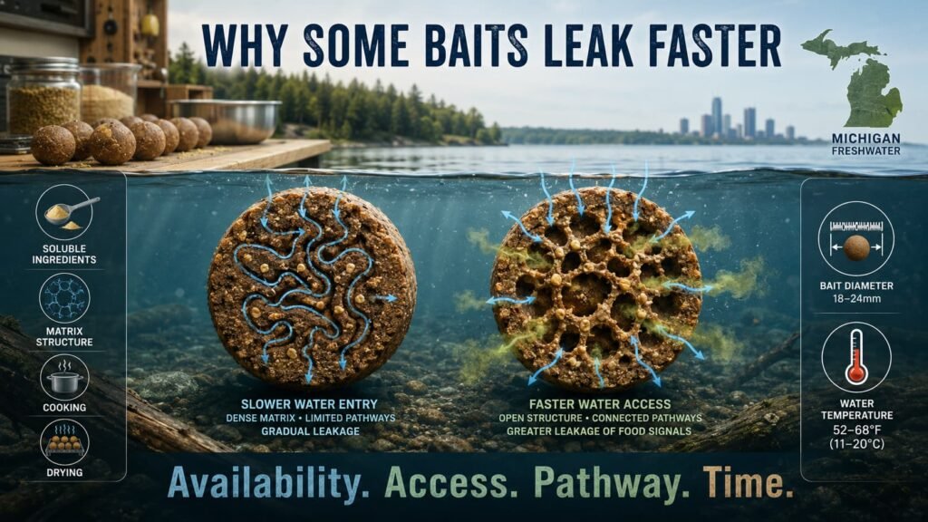 Why some carp baits leak faster, comparing dense and more water-accessible boilie matrices and food-signal release.