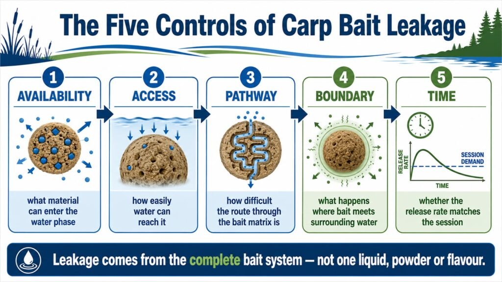 Why some carp baits leak faster, comparing dense and more water-accessible boilie matrices and food-signal release.