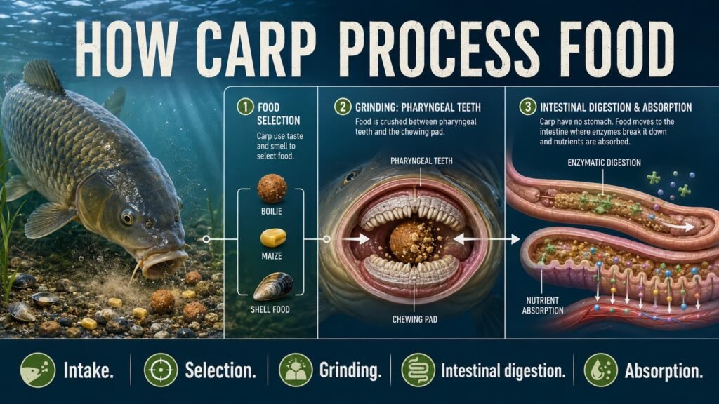 How carp process food through suction feeding, food selection, pharyngeal teeth, intestinal digestion and nutrient absorption.