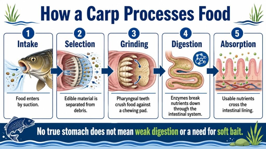 Infographic showing carp food intake, selection, pharyngeal grinding, intestinal digestion and nutrient absorption.