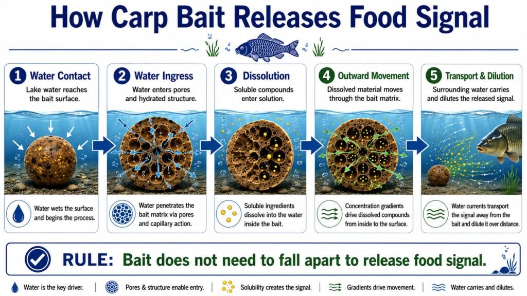 Infographic explaining water ingress, dissolution, diffusion and food-signal release from carp bait.
