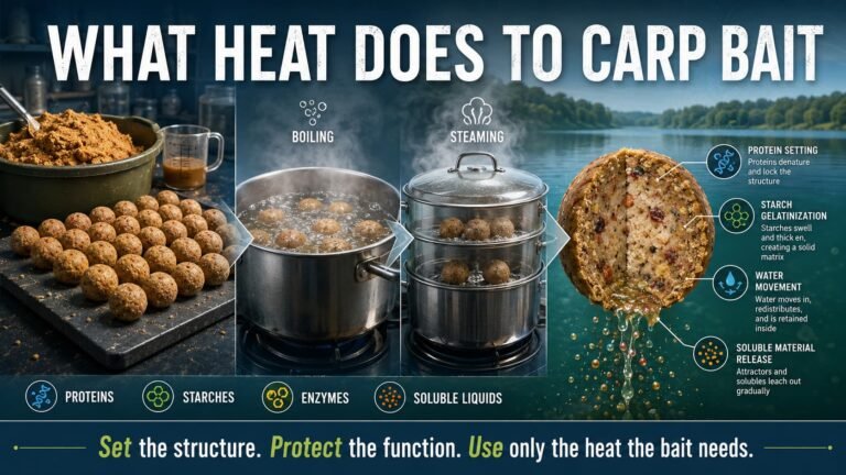 What boiling does to carp bait showing raw paste, boiling, steaming, protein setting, starch gelatinization and soluble material release.
