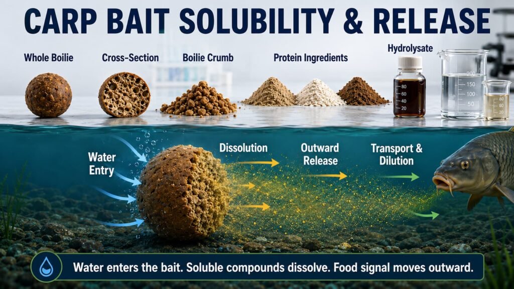 Carp bait solubility and leakage showing water entering bait and food signals releasing into surrounding water.