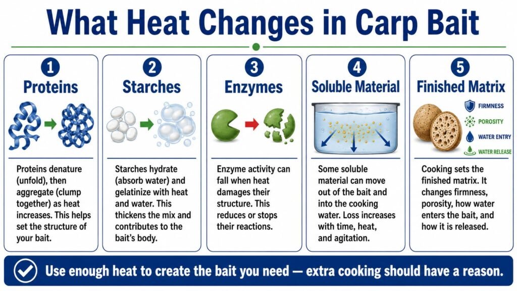 Infographic explaining how heat changes proteins, starches, enzymes, soluble material and the finished carp bait matrix.