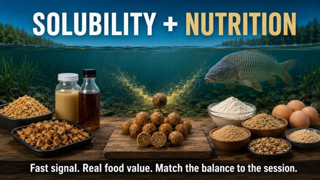 Solubility vs nutrition in carp bait showing fast food-signal ingredients and balanced nutritional bait ingredients