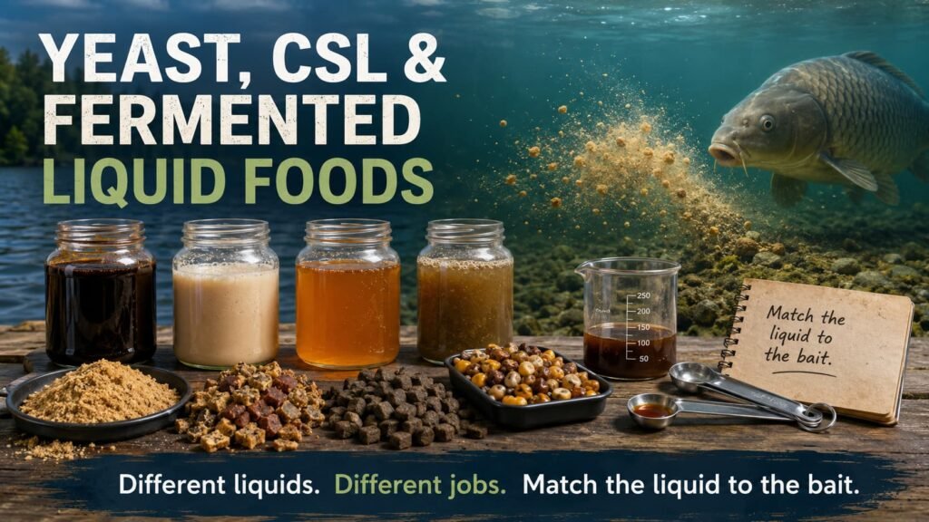 Yeast extract, CSL and fermented bait liquids for carp displayed with boilie crumb and bait ingredients.