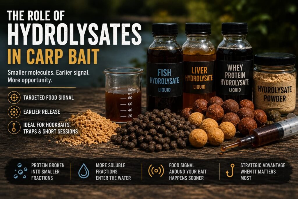 Fish, liver and whey protein hydrolysates used with carp boilies, pellets, crumb and hookbait treatments.