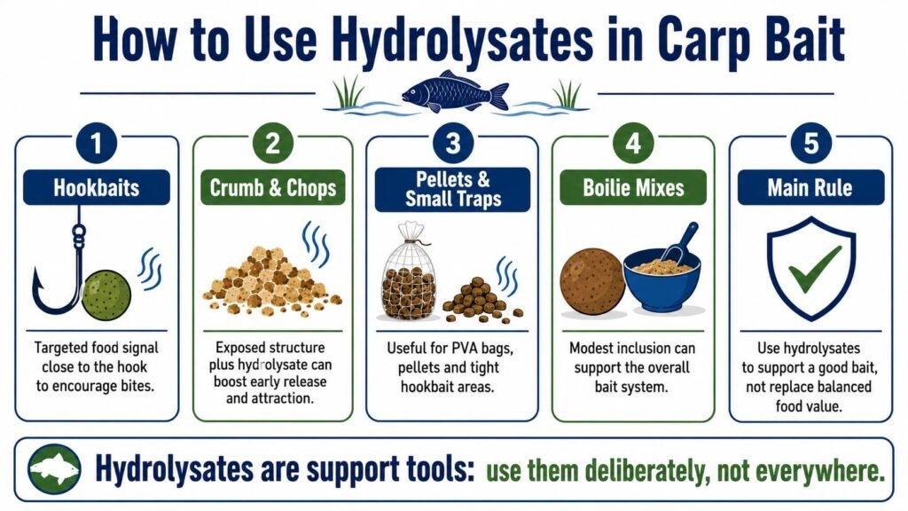 Infographic showing how to use hydrolysates in carp bait for hookbaits, crumb, chops, pellets, small traps and boilie mixes.
