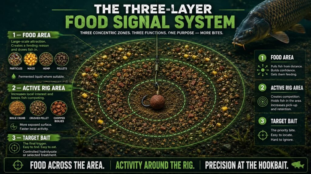 Three-layer carp baiting system using fermented liquid, active crumb and targeted hydrolysate.