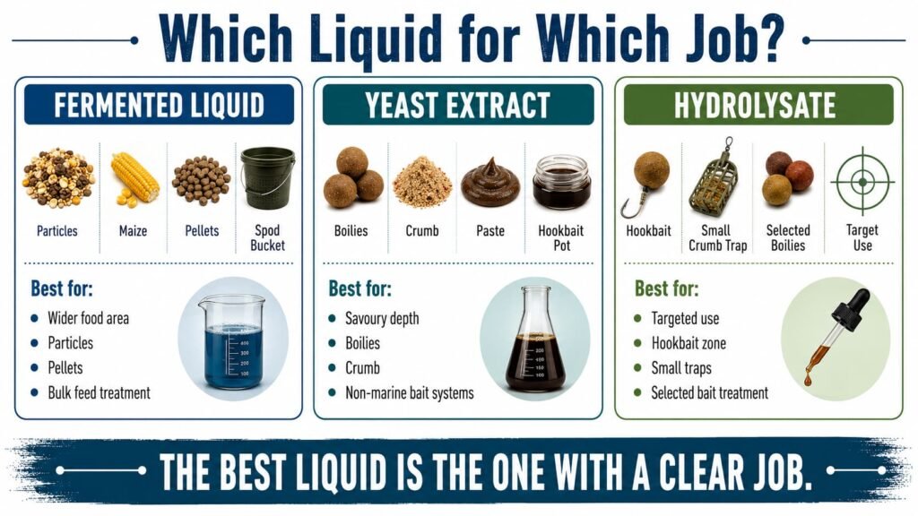 Carp bait liquid selection guide comparing fermented liquid, hydrolysate and yeast extract uses