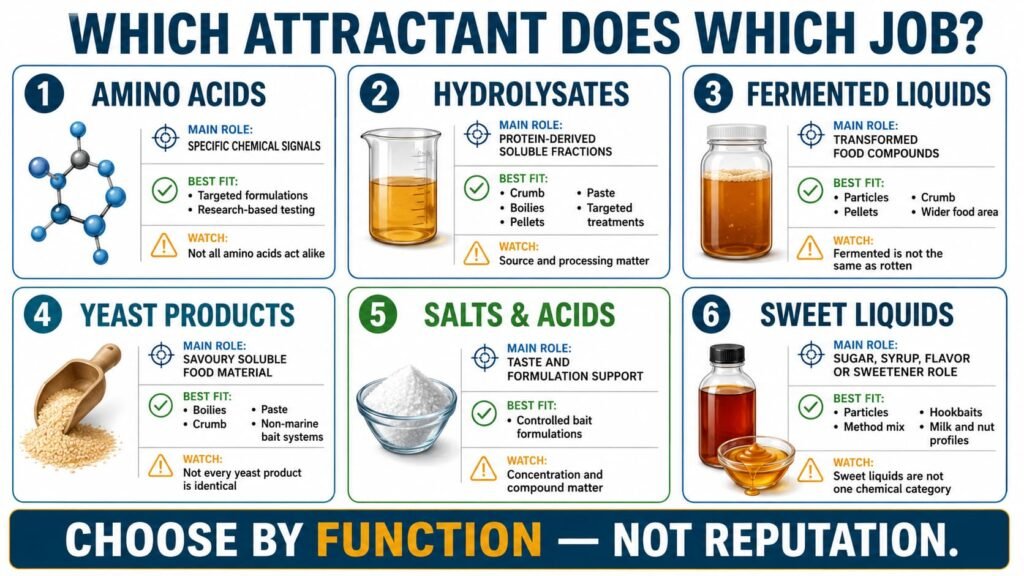 Carp feeding attractant guide comparing amino acids, hydrolysates, fermented liquids, yeast, salts and sweet liquids.
