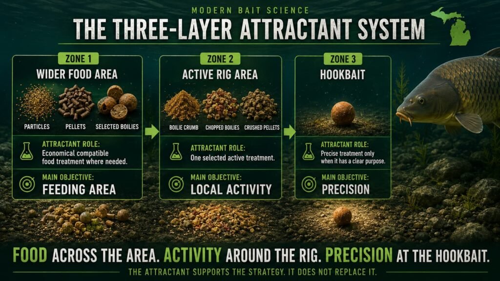 Michigan carp feeding attractant strategy using wider feed, active rig area and precise hookbait treatment.