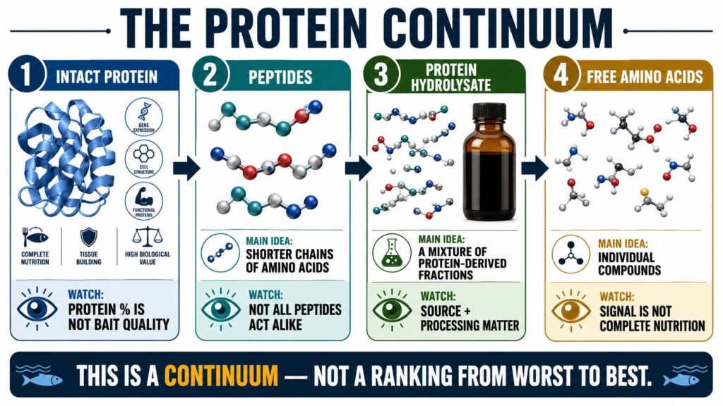 Protein continuum in carp bait from intact protein through peptides and hydrolysates to free amino acids.