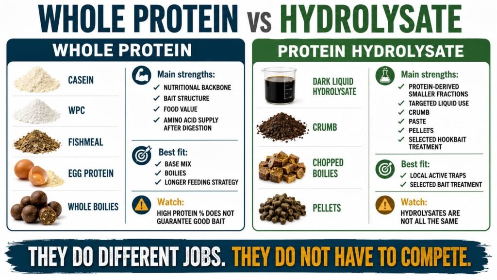 Whole protein and protein hydrolysate compared for carp bait nutrition, structure and targeted application.