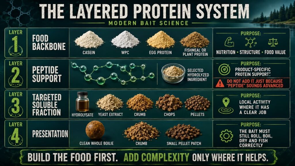 Layered carp bait protein system combining food backbone, peptide support, targeted hydrolysate and presentation.