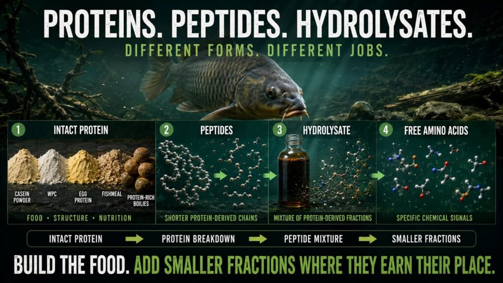 Proteins, peptides, hydrolysates and free amino acids compared in carp bait.