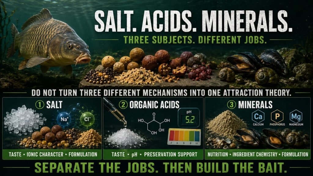 Salt, organic acids and minerals compared by their roles in carp bait