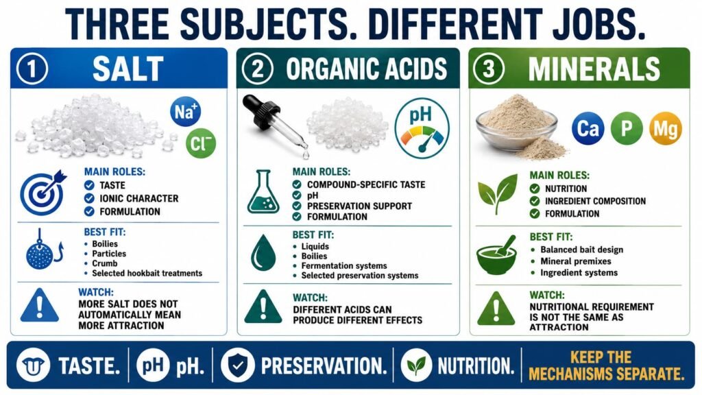 Practical comparison of salt, organic acids and minerals in carp bait.