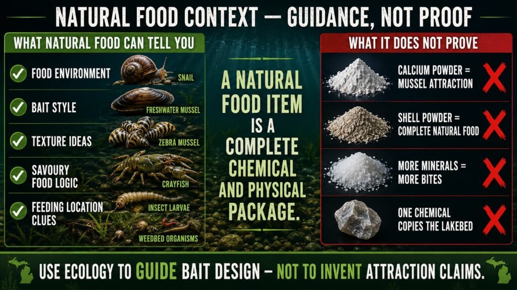 Natural food context guide explaining what mussels, snails and crayfish can and cannot prove about mineral carp bait