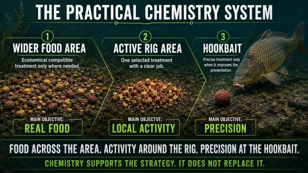 Practical carp bait chemistry system separating food area, active rig area and hookbait treatment.