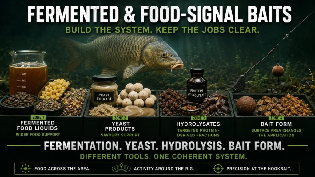 Fermented liquids, yeast products, hydrolysates and active bait forms combined in a carp food-signal system.