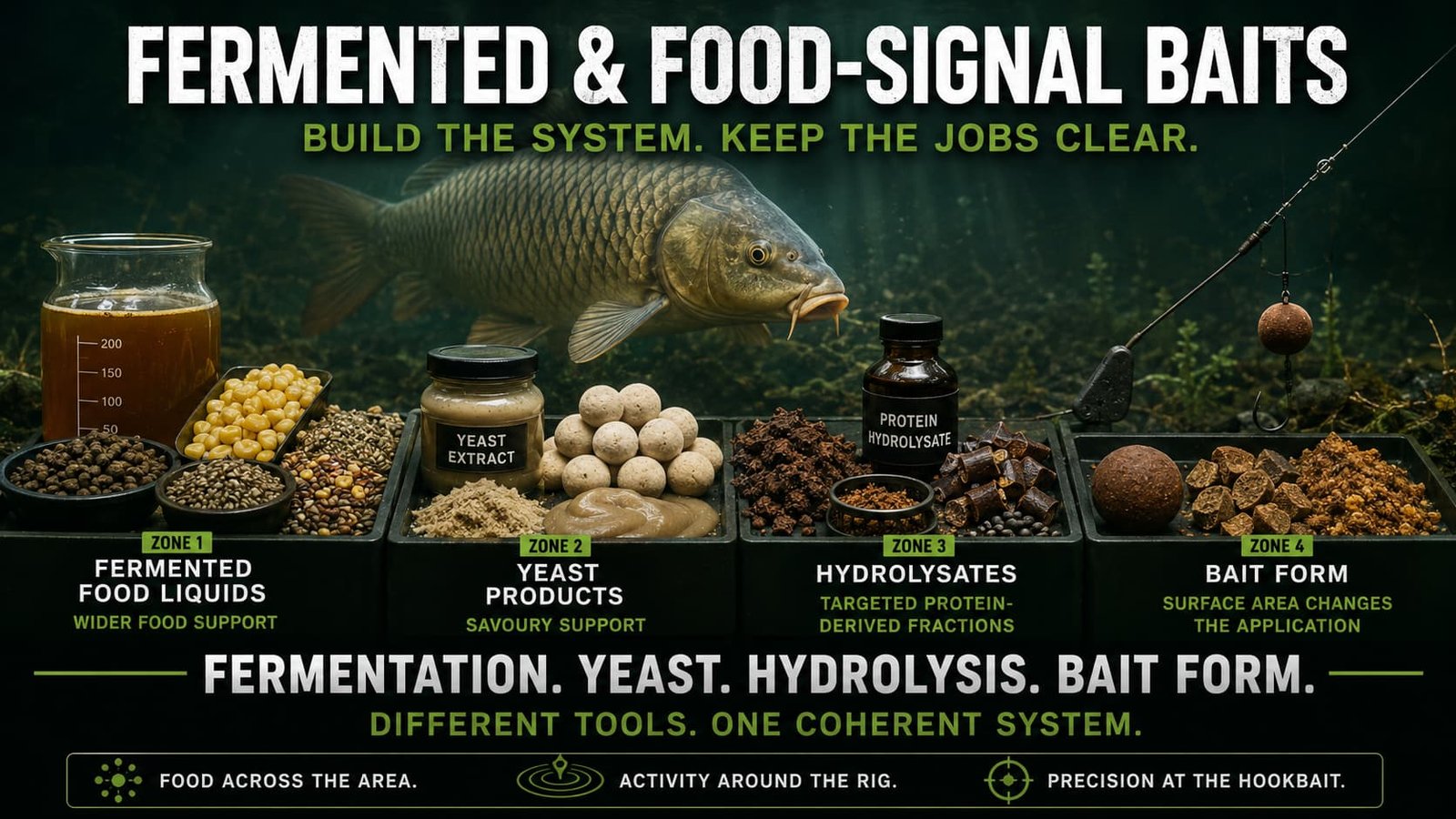 Fermented carp bait liquids, yeast products, hydrolysates and active bait forms combined in a carp food-signal system.