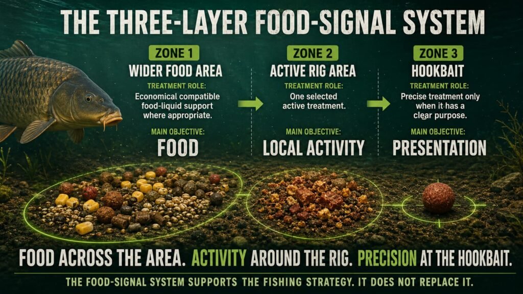 Three-layer carp food-signal bait system showing wider feed, active rig area and hookbait precision.