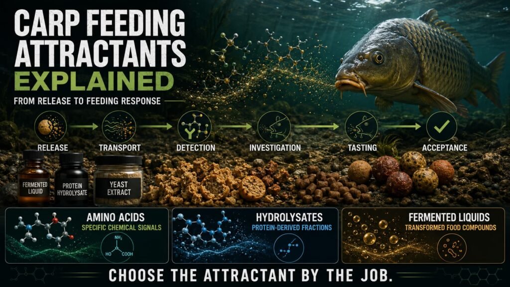 Carp feeding attractants explained through bait release, detection, investigation, tasting and acceptance.