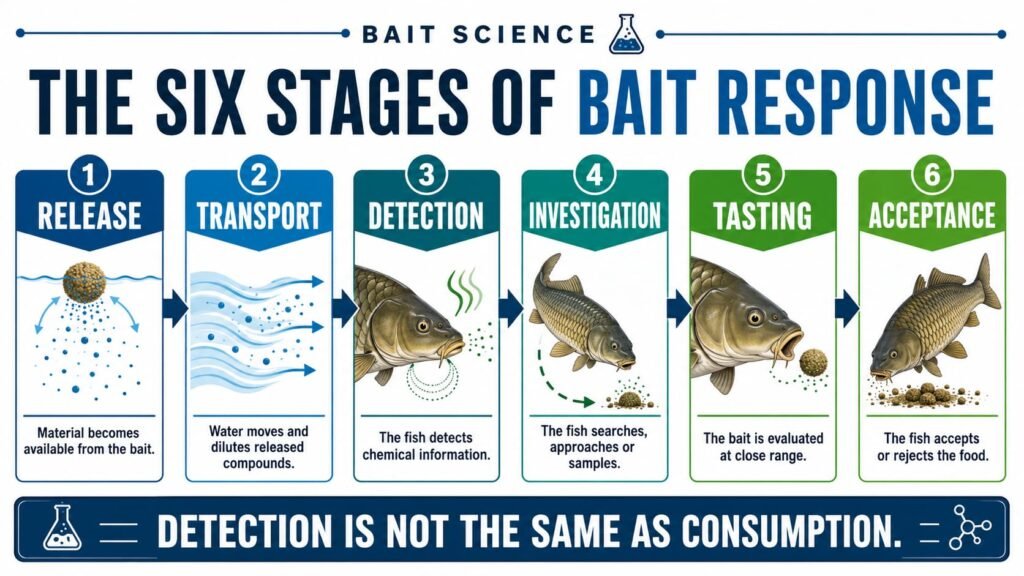 Six stages of carp bait response from release through acceptance.