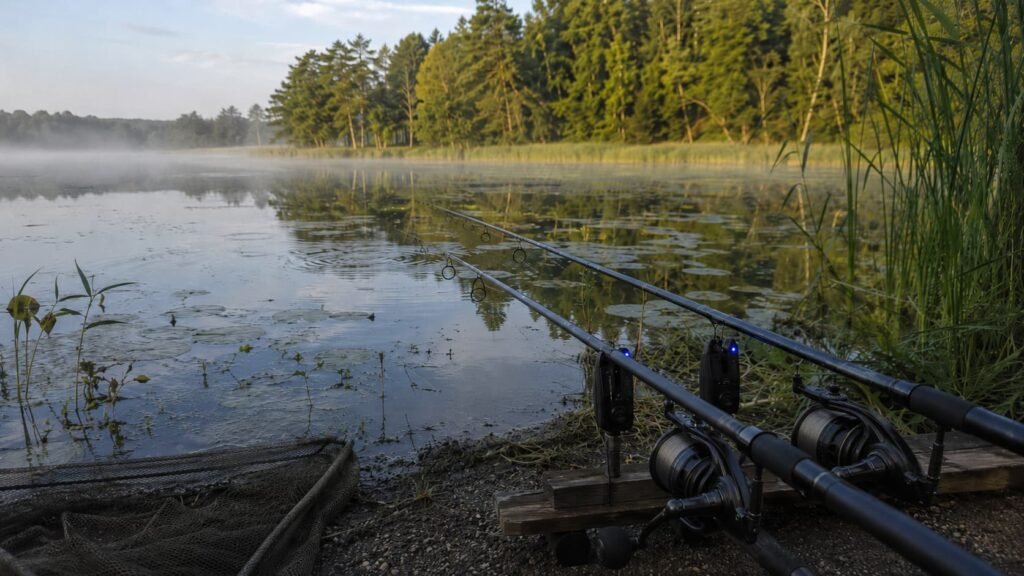 Signs carp are feeding on a Michigan lake with bubbles, clouded water, weed edge, rods and shallow margin.