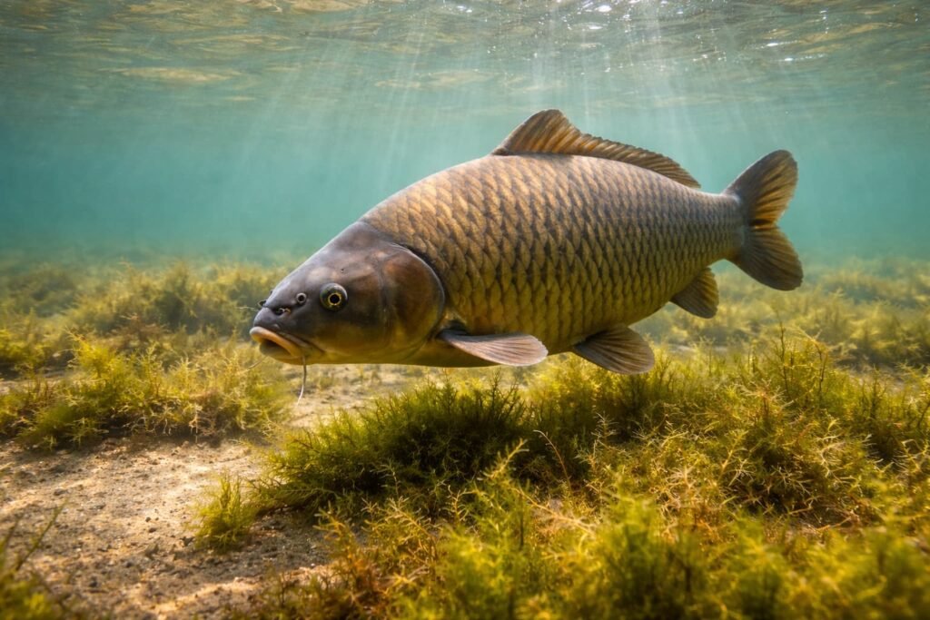 carp feeding on a shallow lake flat