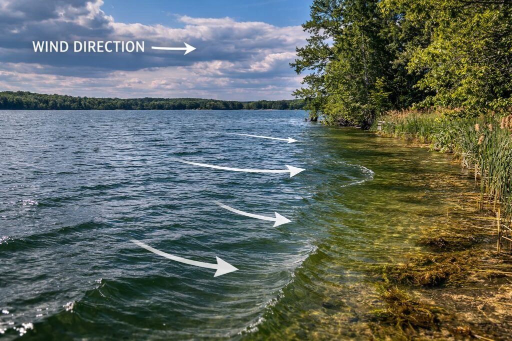 wind pushing food toward carp fishing bank