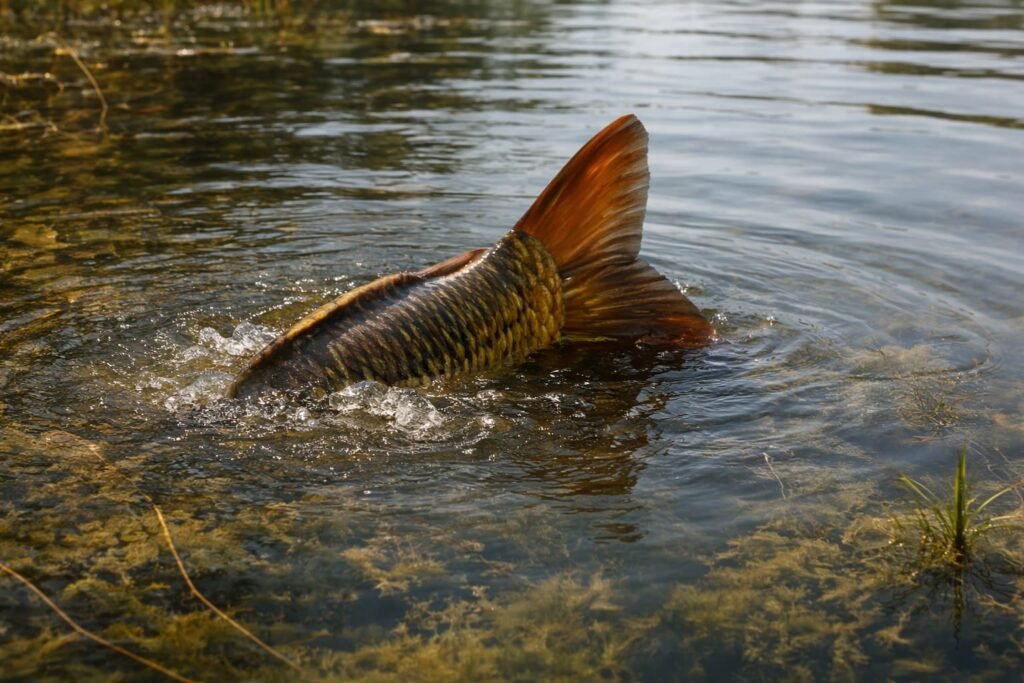 common carp tailing while feeding in shallow water